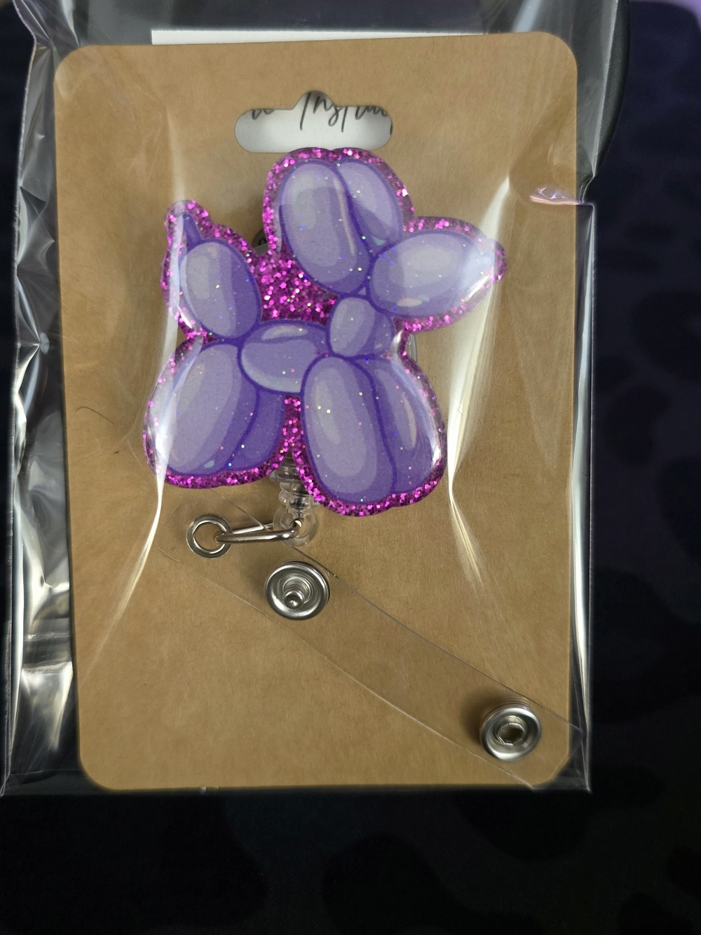 Purple Glitter Balloon Dog Novelty Badge Reel